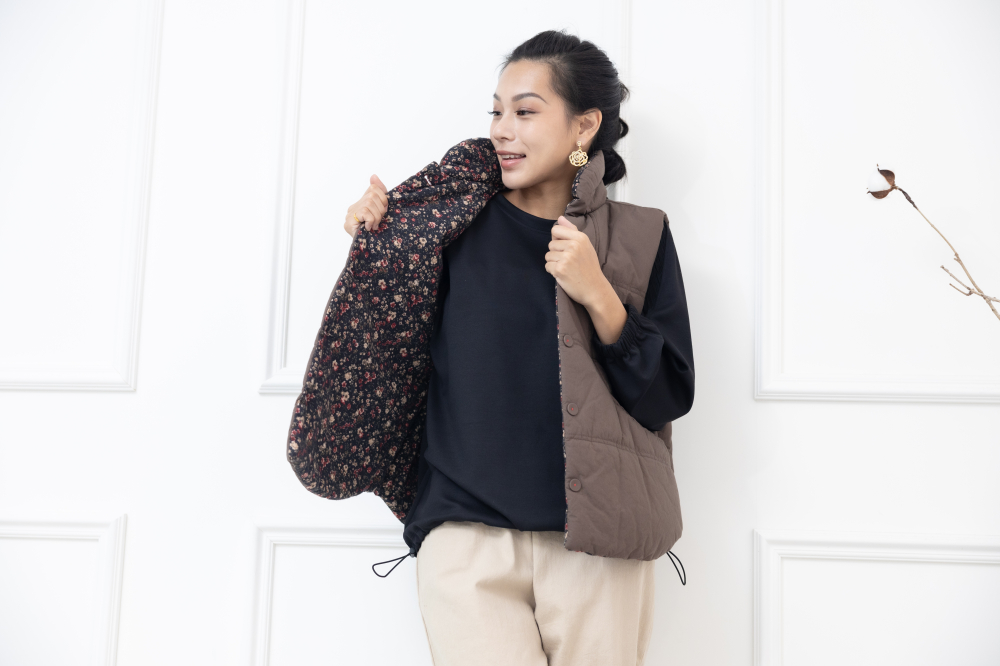 조끼 高領鈕扣式內裡小碎花背心 / 灰卡其色