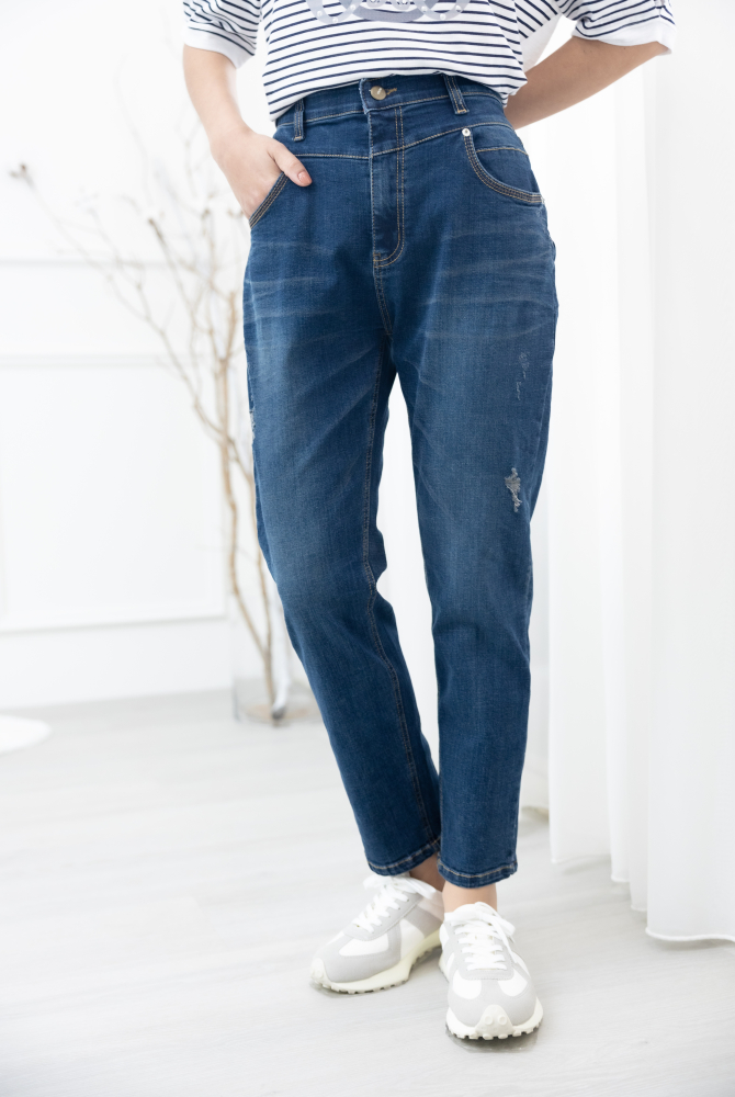 긴 바지 大口袋黃色車線牛仔褲 / 深藍色