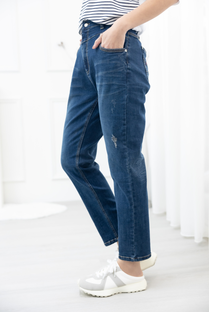 긴 바지 大口袋黃色車線牛仔褲 / 深藍色