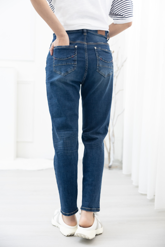 긴 바지 大口袋黃色車線牛仔褲 / 深藍色