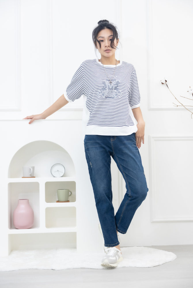 긴 바지 大口袋黃色車線牛仔褲 / 深藍色