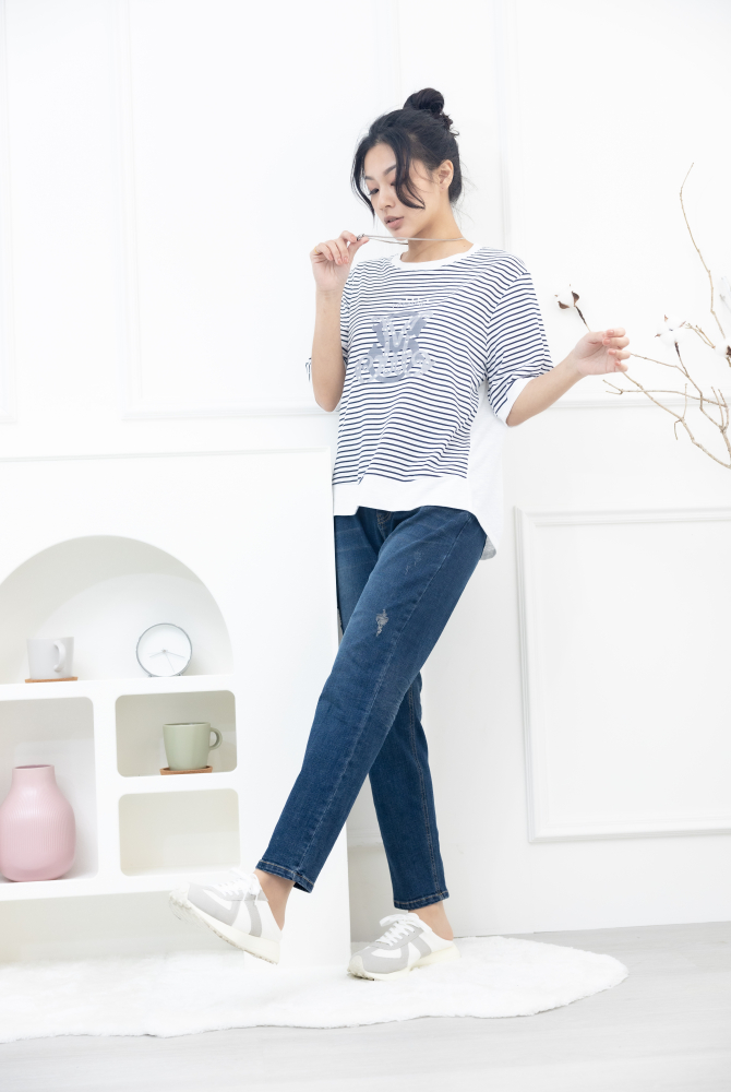 긴 바지 大口袋黃色車線牛仔褲 / 深藍色