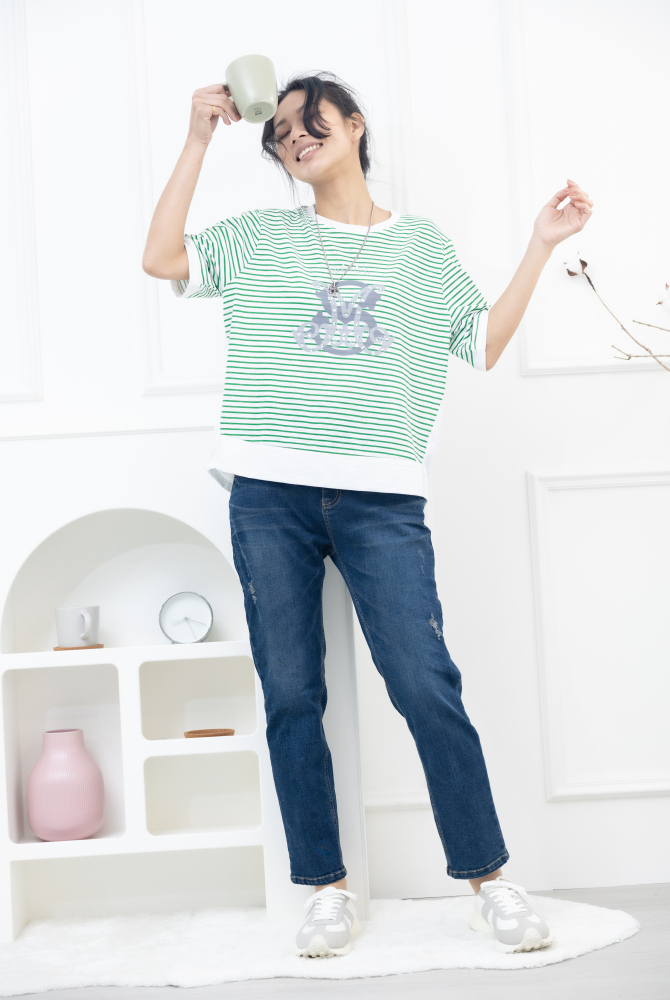 긴 바지 大口袋黃色車線牛仔褲 / 深藍色