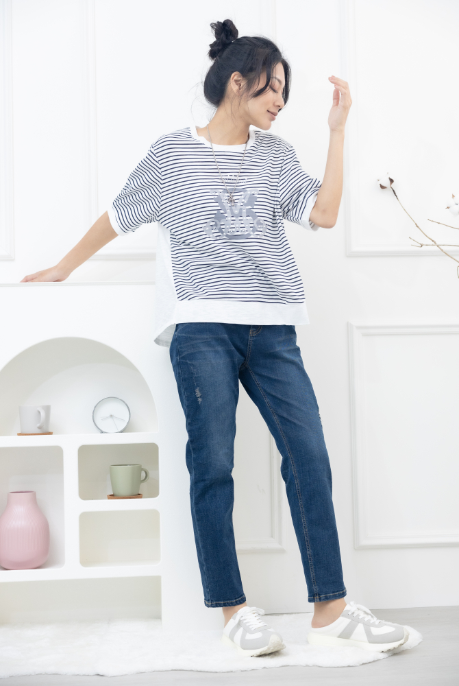 긴 바지 大口袋黃色車線牛仔褲 / 深藍色