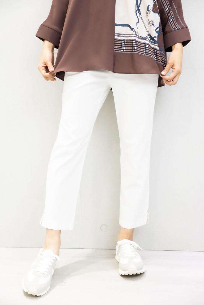 긴 바지 後口袋點綴蕾絲棉長褲 /白色