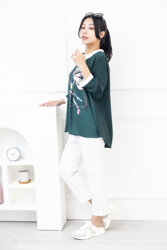 긴 바지 後口袋點綴蕾絲棉長褲 /白色