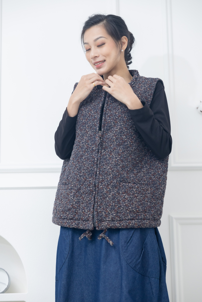 조끼 紅色小花下擺抽繩背心 / 藍色