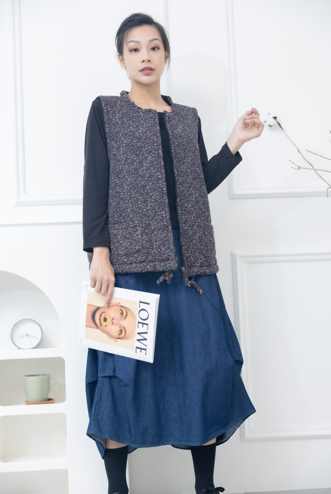 조끼 紅色小花下擺抽繩背心 / 藍色