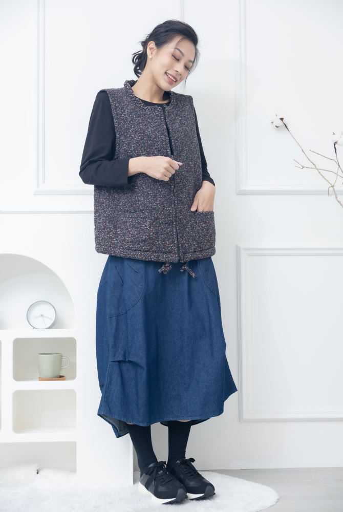 조끼 紅色小花下擺抽繩背心 / 藍色