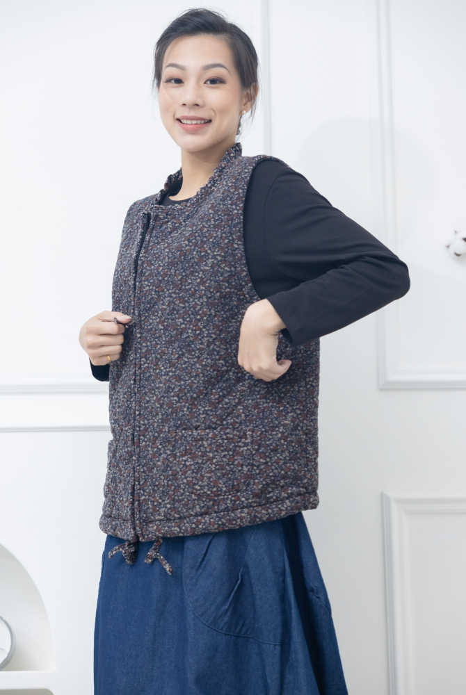 조끼 紅色小花下擺抽繩背心 / 藍色