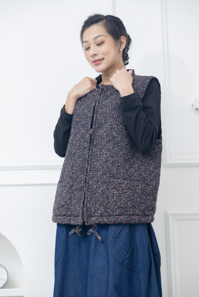 조끼 紅色小花下擺抽繩背心 / 藍色