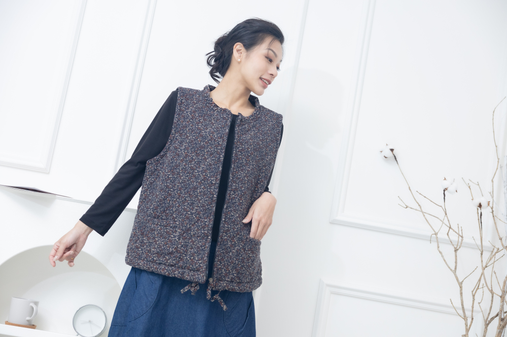 조끼 紅色小花下擺抽繩背心 / 藍色