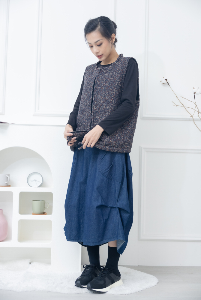 조끼 紅色小花下擺抽繩背心 / 藍色