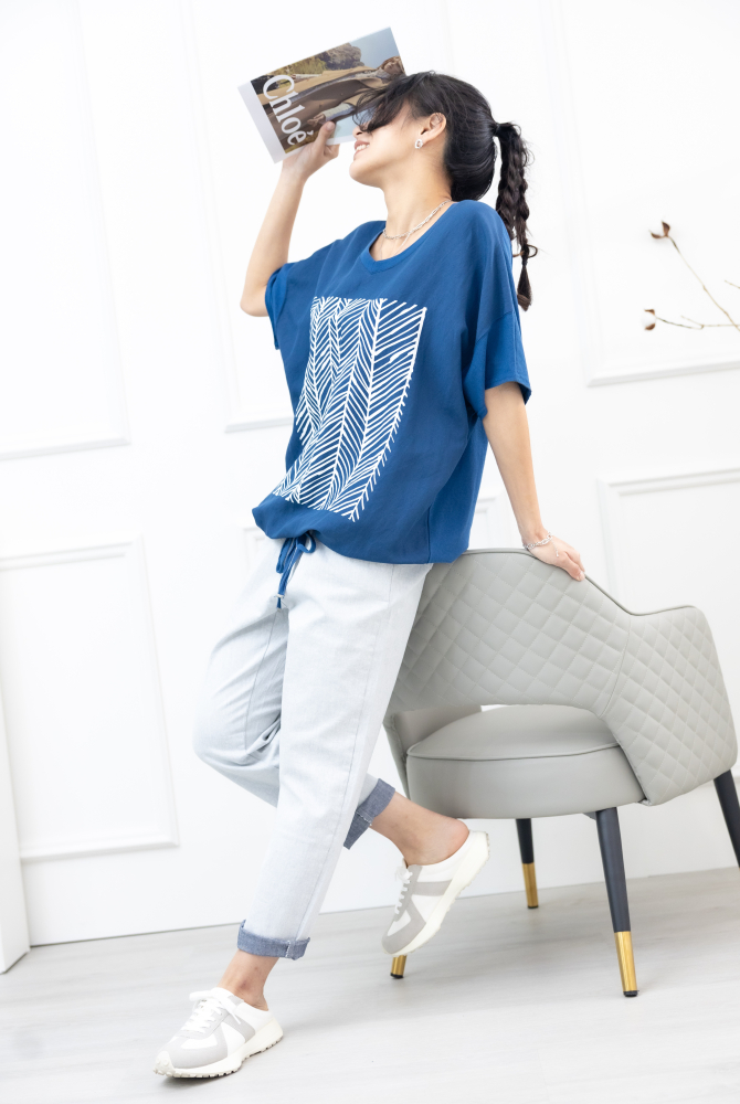 반팔 白色印紋飛鼠短袖上衣 /藍綠色