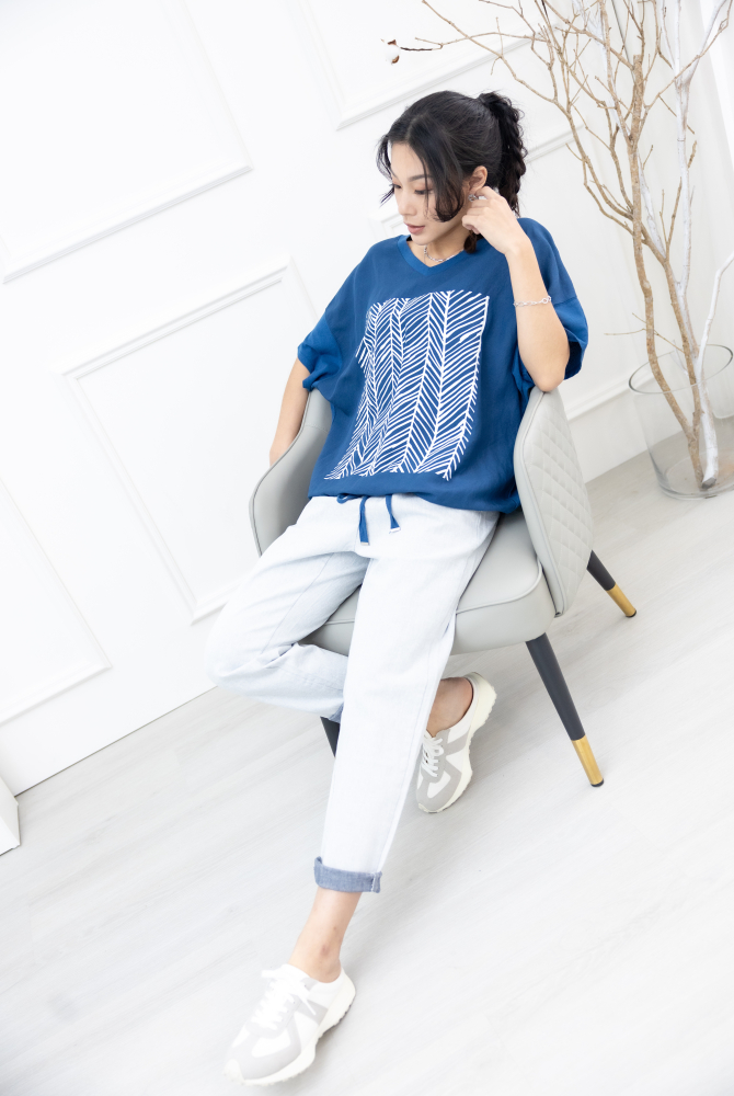 반팔 白色印紋飛鼠短袖上衣 /藍綠色