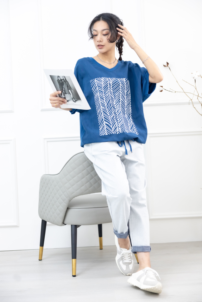 반팔 白色印紋飛鼠短袖上衣 /藍綠色