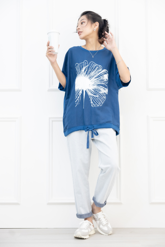 반팔 白色大花飛鼠短袖上衣 /藍綠色