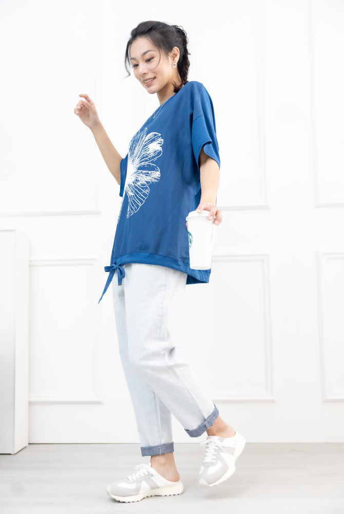 반팔 白色大花飛鼠短袖上衣 /藍綠色