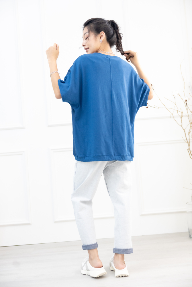 반팔 白色大花飛鼠短袖上衣 /藍綠色