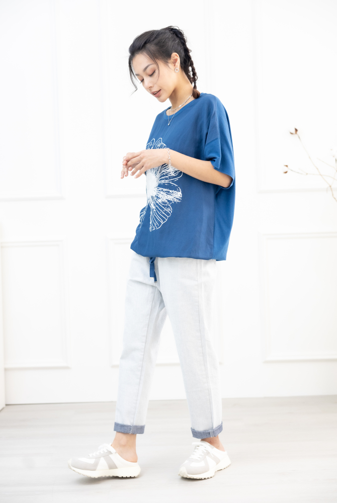 반팔 白色大花飛鼠短袖上衣 /藍綠色