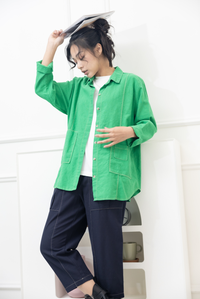 셔츠 黃色車線開襟棉襯衫/綠色