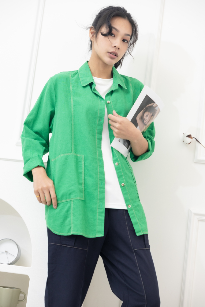 셔츠 黃色車線開襟棉襯衫/綠色