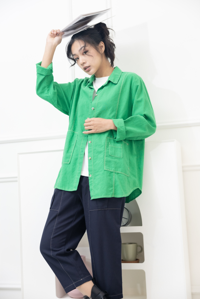 셔츠 黃色車線開襟棉襯衫/綠色
