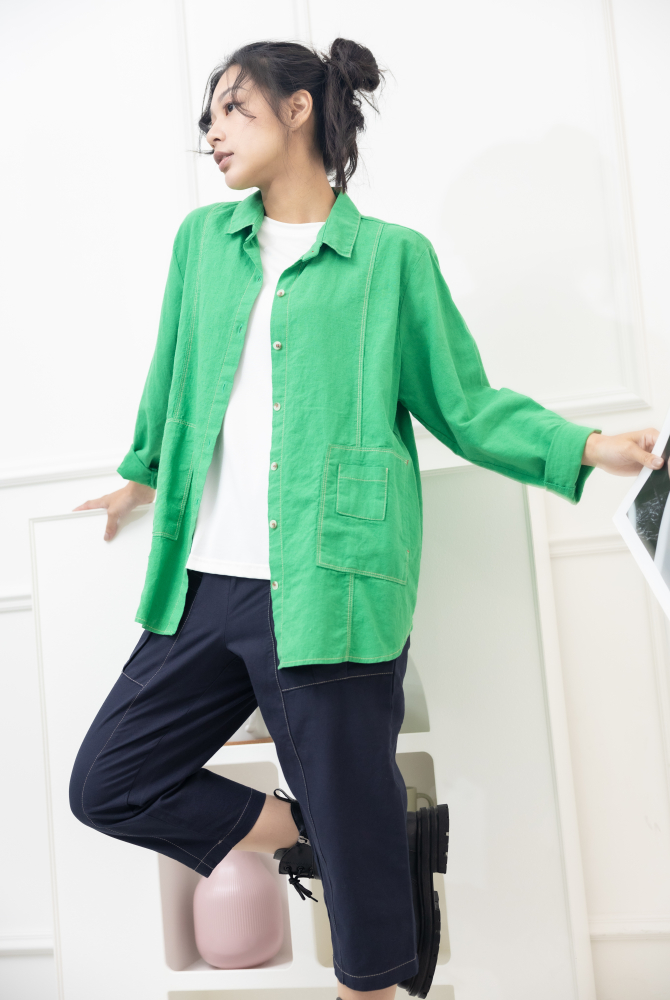 셔츠 黃色車線開襟棉襯衫/綠色