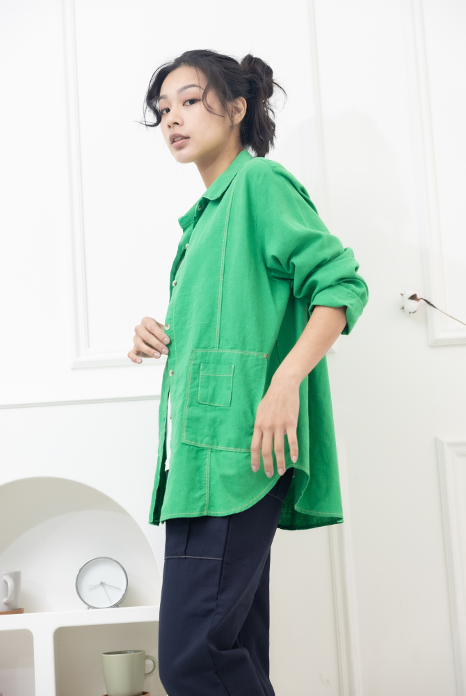 셔츠 黃色車線開襟棉襯衫/綠色