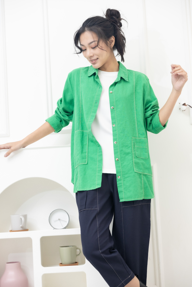 셔츠 黃色車線開襟棉襯衫/綠色