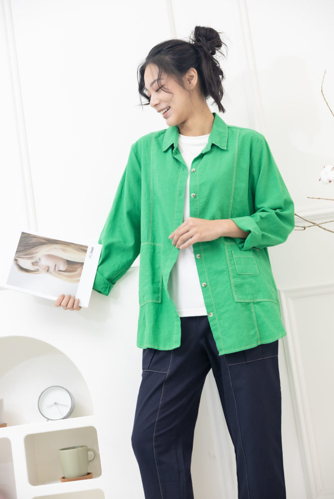 셔츠 黃色車線開襟棉襯衫/綠色