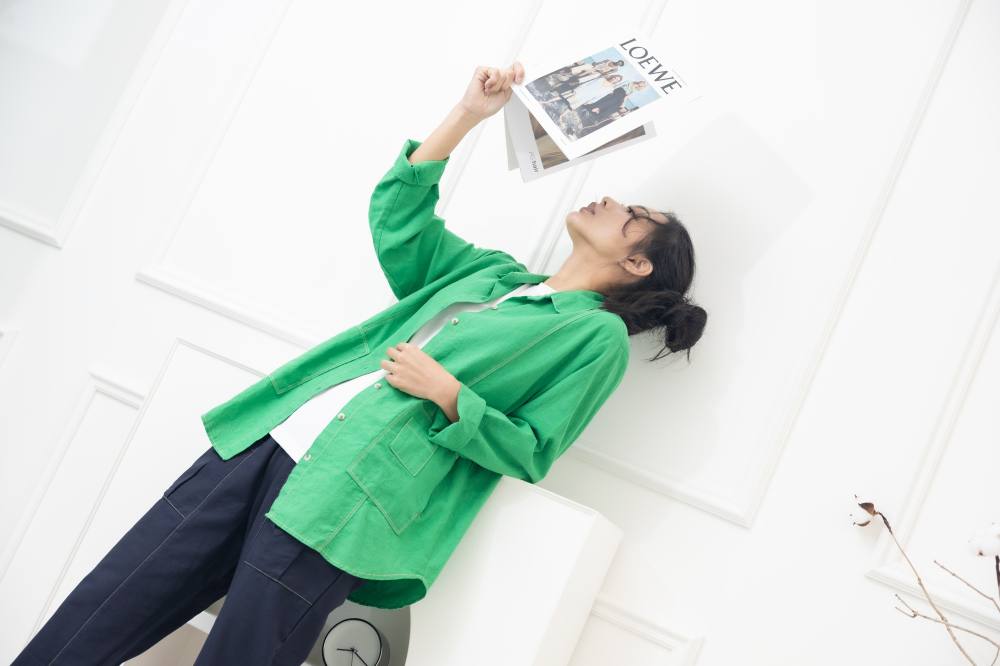 셔츠 黃色車線開襟棉襯衫/綠色