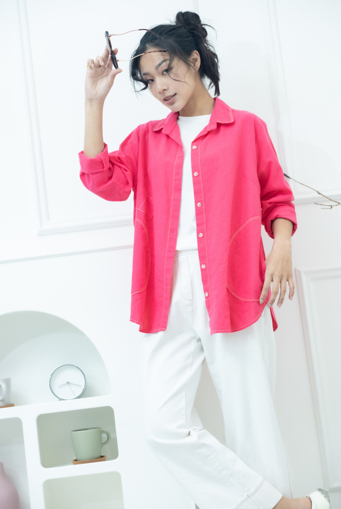 셔츠 小裝飾口袋開襟棉襯衫 / 艷粉色