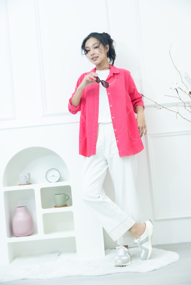 셔츠 小裝飾口袋開襟棉襯衫 / 艷粉色