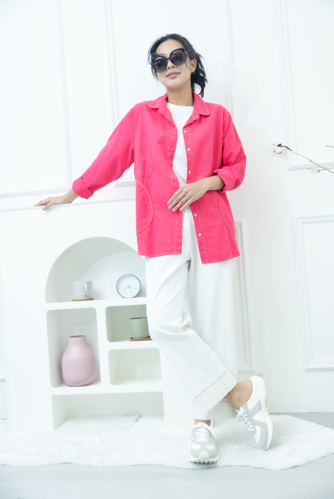 셔츠 小裝飾口袋開襟棉襯衫 / 艷粉色