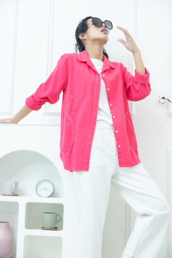 셔츠 小裝飾口袋開襟棉襯衫 / 艷粉色