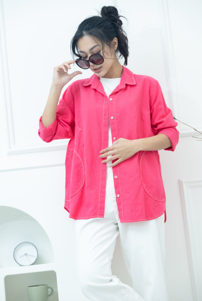셔츠 小裝飾口袋開襟棉襯衫 / 艷粉色