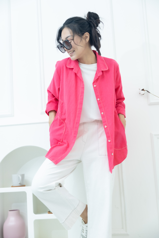 셔츠 小裝飾口袋開襟棉襯衫 / 艷粉色