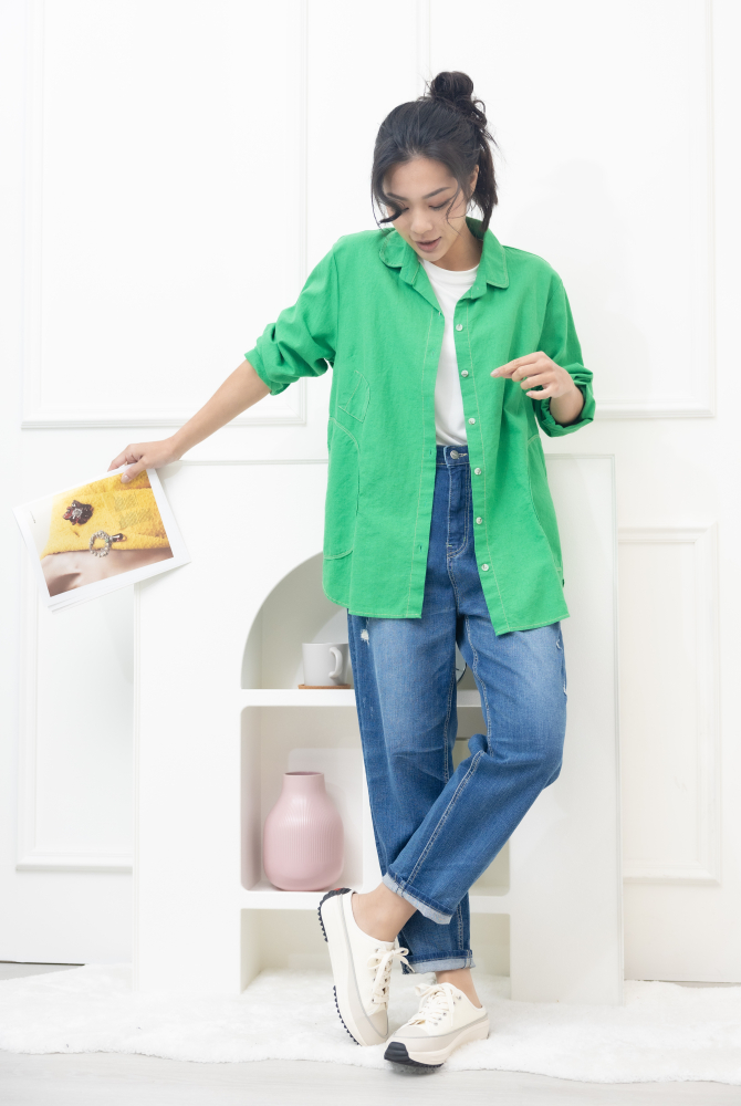 셔츠 小裝飾口袋開襟棉襯衫 / 綠色