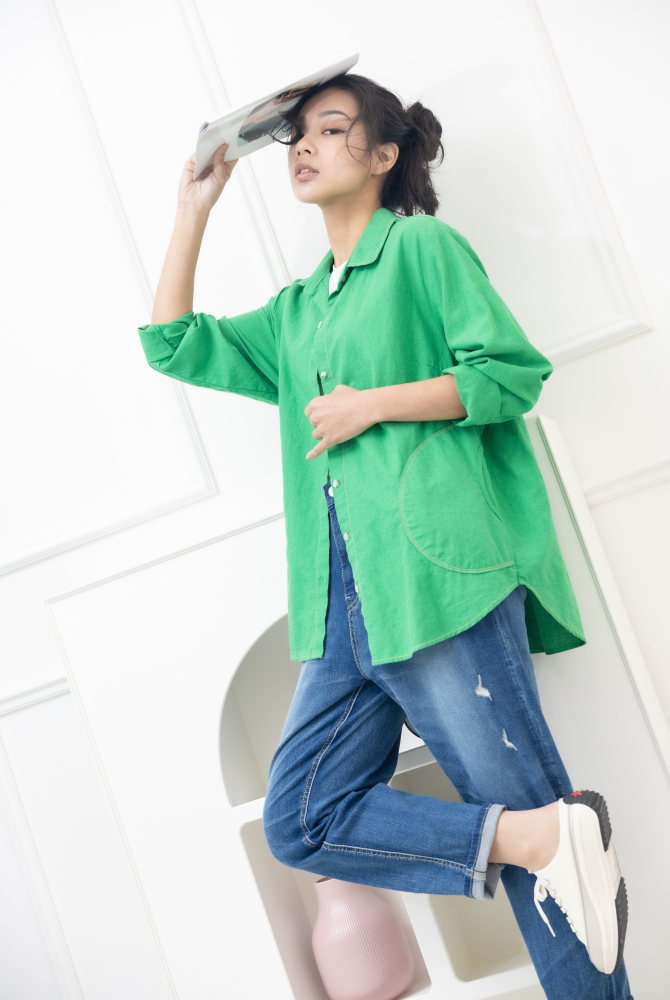 셔츠 小裝飾口袋開襟棉襯衫 / 綠色