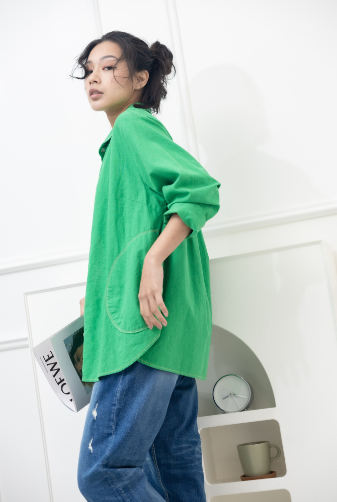 셔츠 小裝飾口袋開襟棉襯衫 / 綠色