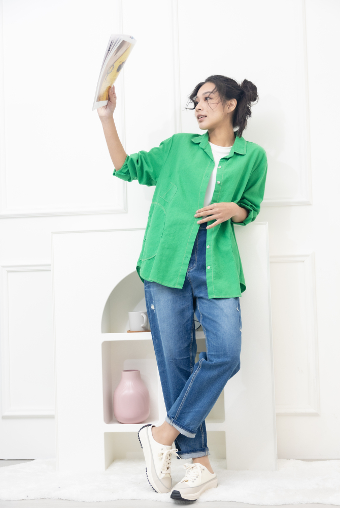 셔츠 小裝飾口袋開襟棉襯衫 / 綠色