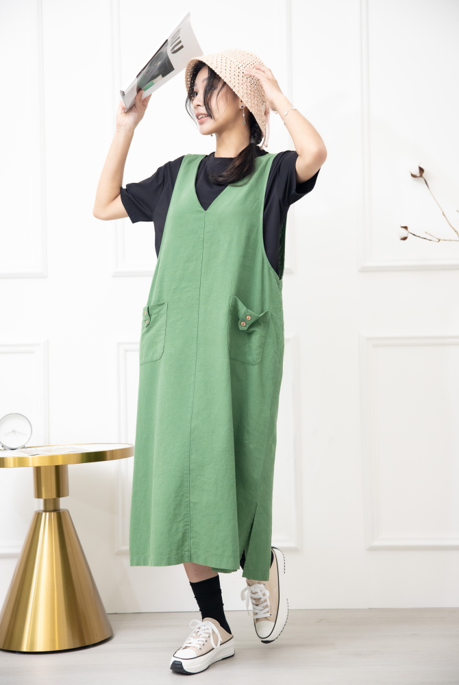 원피스 寬肩帶背心洋裝 / 綠色