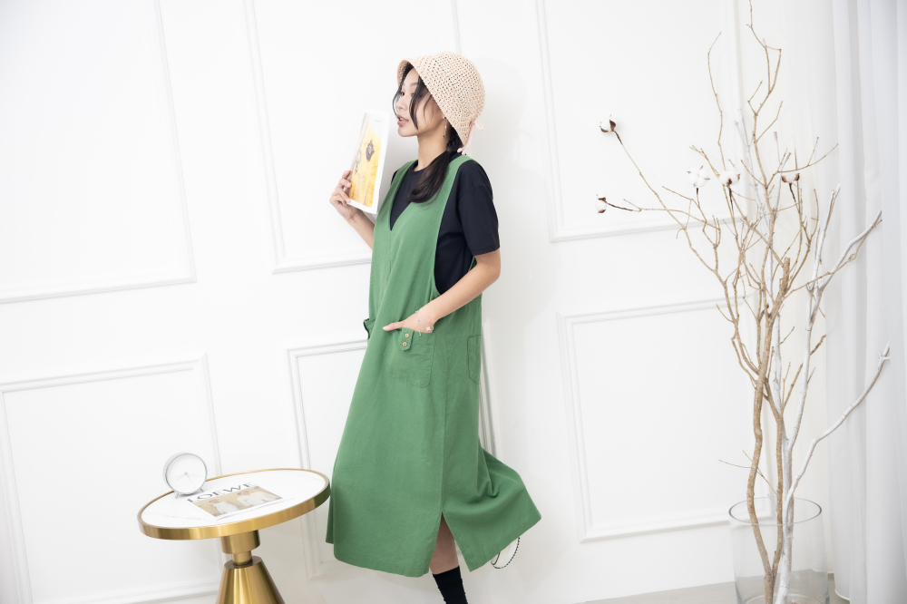 원피스 寬肩帶背心洋裝 / 綠色