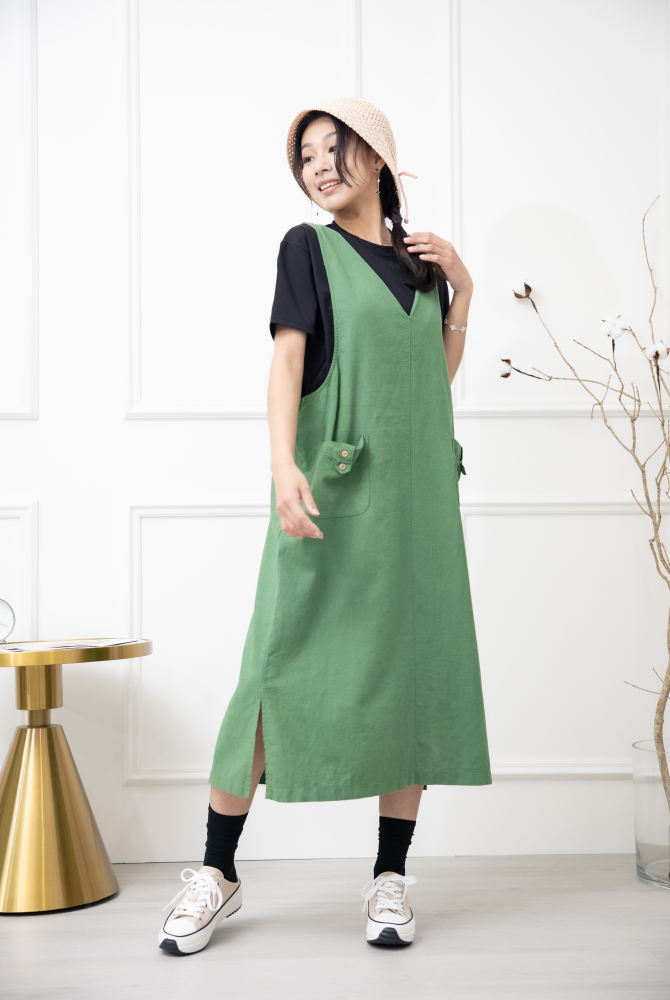 원피스 寬肩帶背心洋裝 / 綠色