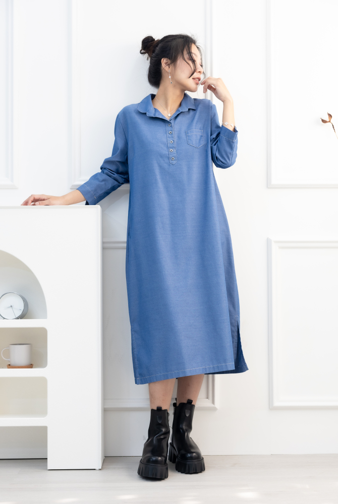 원피스 立領長袖洋裝 / 牛仔藍色