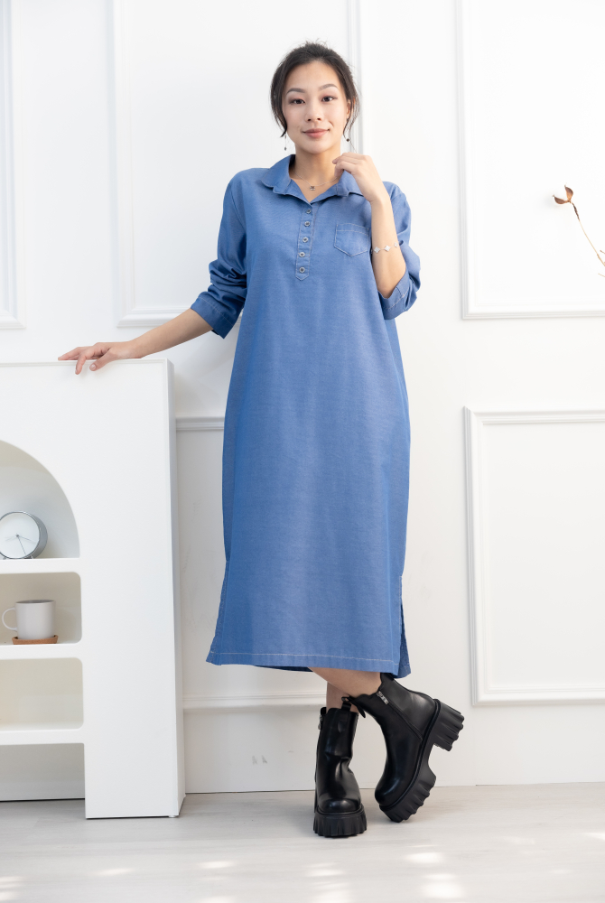 원피스 立領長袖洋裝 / 牛仔藍色