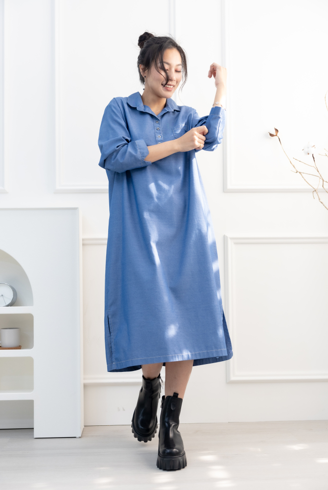 원피스 立領長袖洋裝 / 牛仔藍色