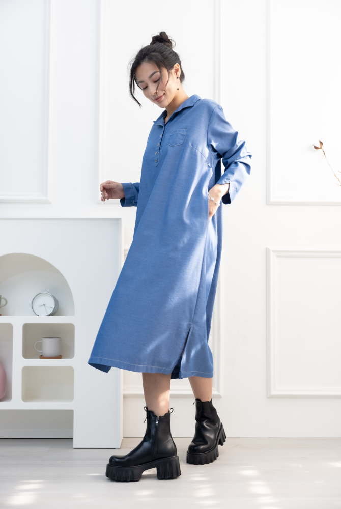 원피스 立領長袖洋裝 / 牛仔藍色