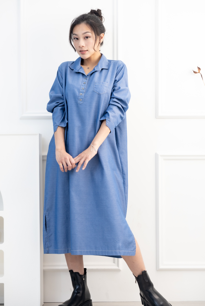 원피스 立領長袖洋裝 / 牛仔藍色